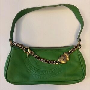 Juicy Couture Vintage Green Leather Baguette Bag Debossed Logo Y2K Heart Charm